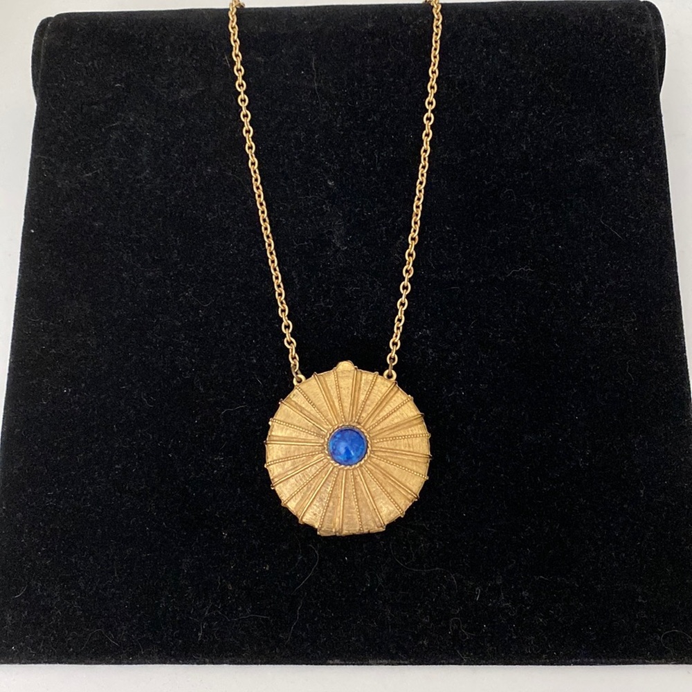 Ester Lauder Vintage Sold Perfume Pendant Gold Tone Necklace Blue Stone 1970’s